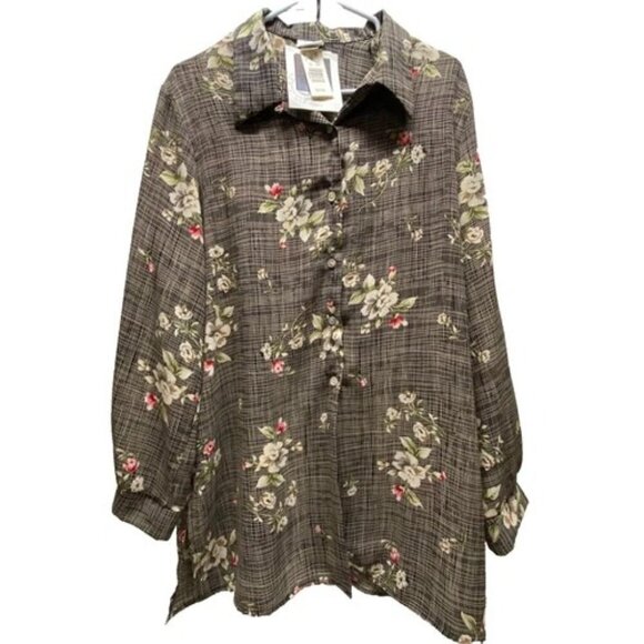 Jaclyn Smith Women's 18W Floral Semi Sheer Blouse Tunic Button Up Elegant NWT - Picture 1 of 13